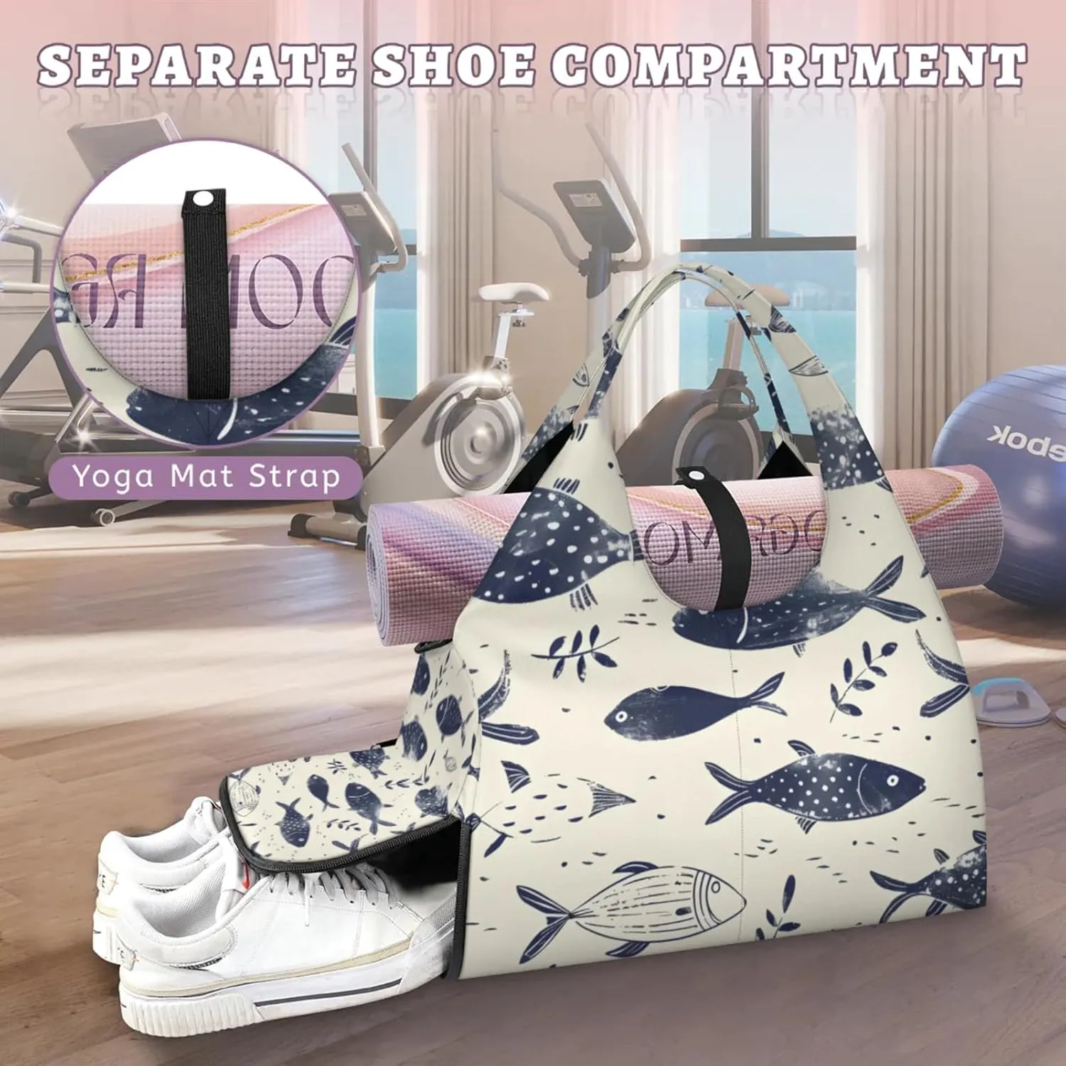 Gym Bag for Women Fish Themed Duffel Bag with Shoe Compartment and Yoga Mat Holder Portable Weekender Bags Travel Tote Bags