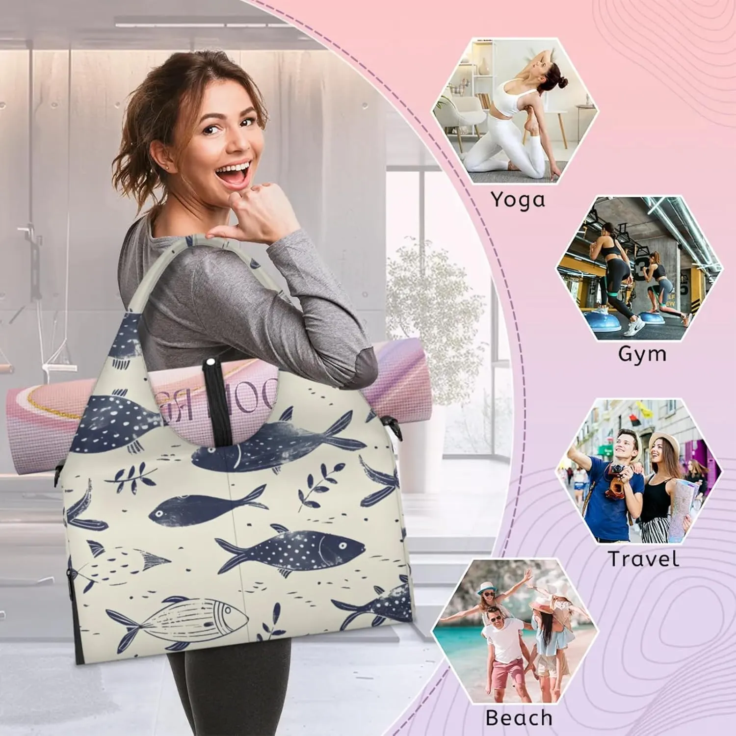 Gym Bag for Women Fish Themed Duffel Bag with Shoe Compartment and Yoga Mat Holder Portable Weekender Bags Travel Tote Bags