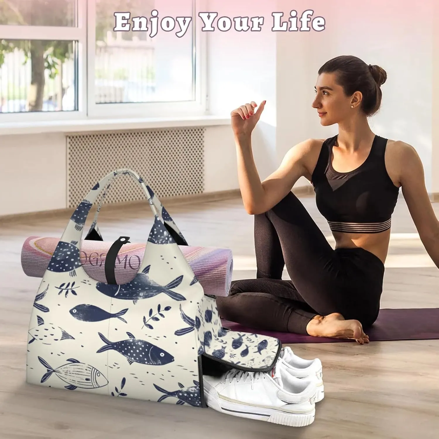 Gym Bag for Women Fish Themed Duffel Bag with Shoe Compartment and Yoga Mat Holder Portable Weekender Bags Travel Tote Bags