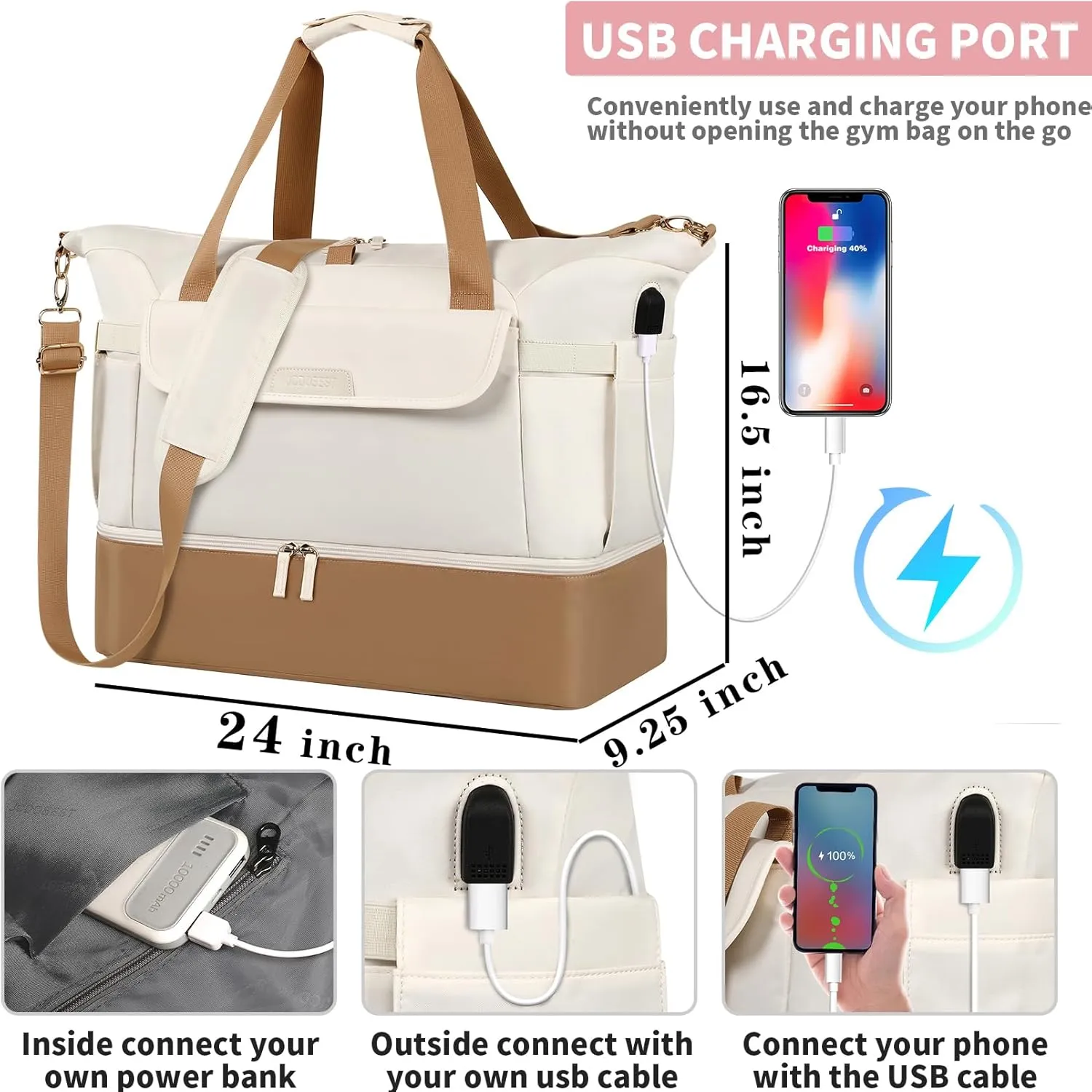 Gym Bag for Women, Super Large Sports Travel Duffel Bag with USB Charging Port, Weekender Overnight Bag with Wet Pocket & Shoes Compartment, 24*9.25*16.5inch, Carry On Bag for Travel, Hospital,Beige