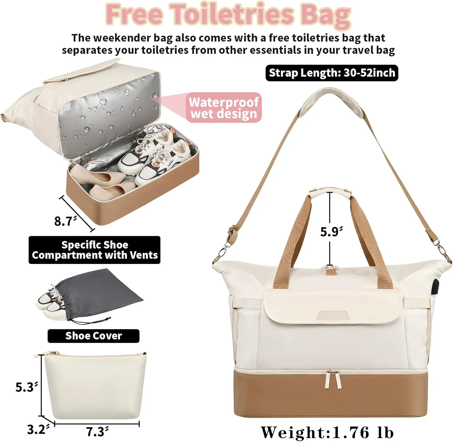 Gym Bag for Women, Super Large Sports Travel Duffel Bag with USB Charging Port, Weekender Overnight Bag with Wet Pocket & Shoes Compartment, 24*9.25*16.5inch, Carry On Bag for Travel, Hospital,Beige