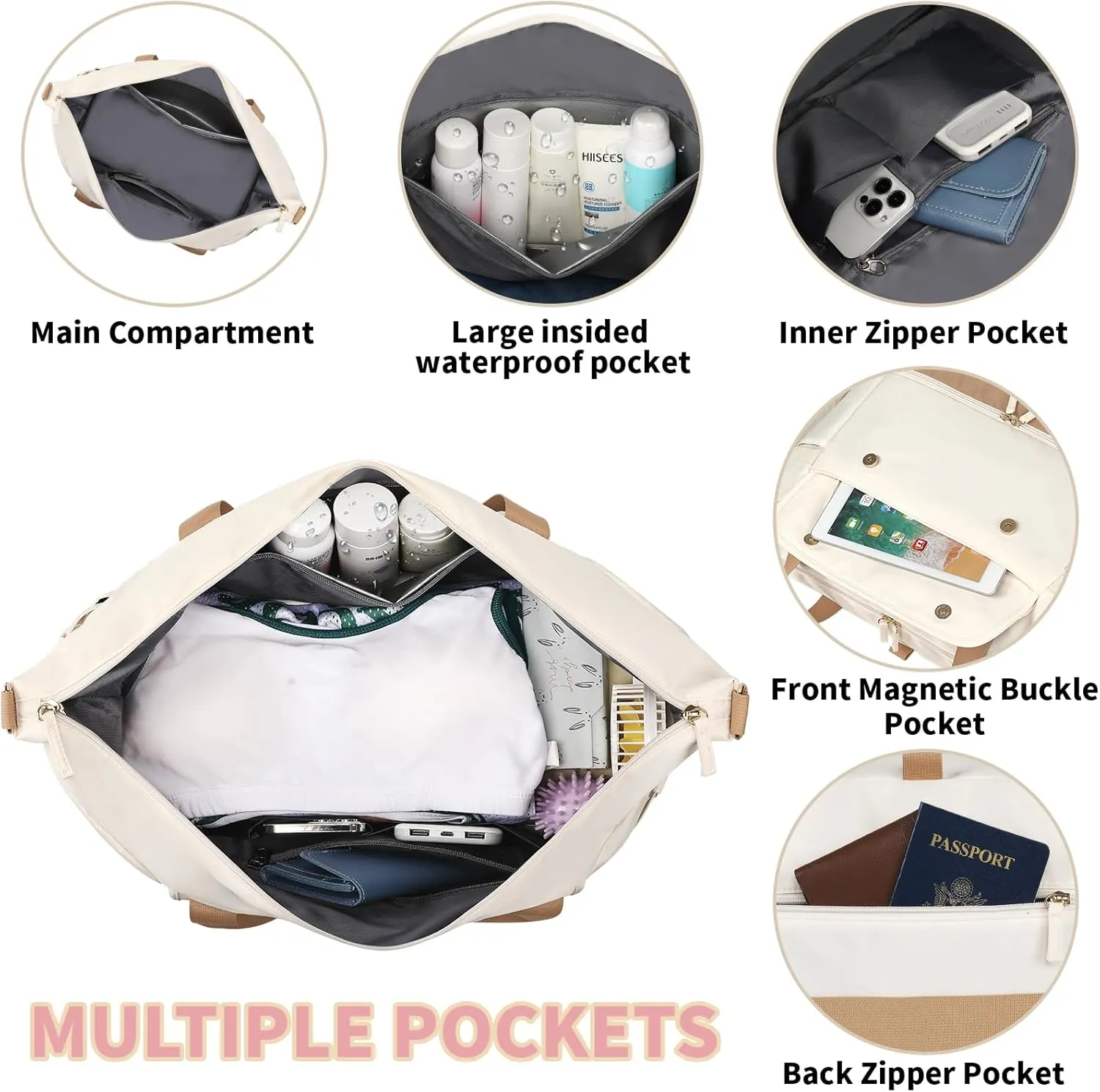 Gym Bag for Women, Super Large Sports Travel Duffel Bag with USB Charging Port, Weekender Overnight Bag with Wet Pocket & Shoes Compartment, 24*9.25*16.5inch, Carry On Bag for Travel, Hospital,Beige