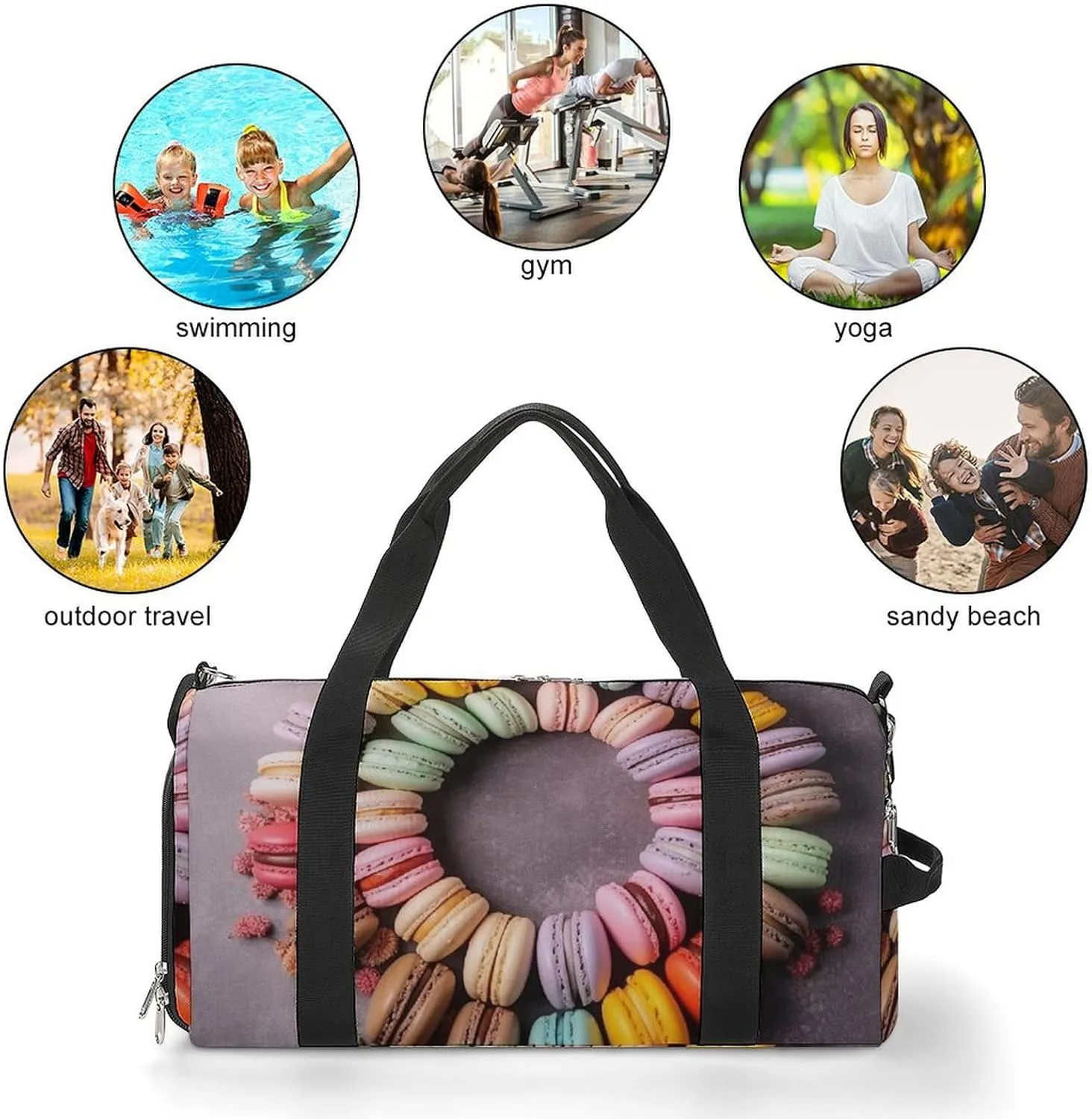 Gym Bag Macarons Arranged Together Duffel Bag for Men Women Travel Overnight Bag with Shoe Compartment Workout Bags