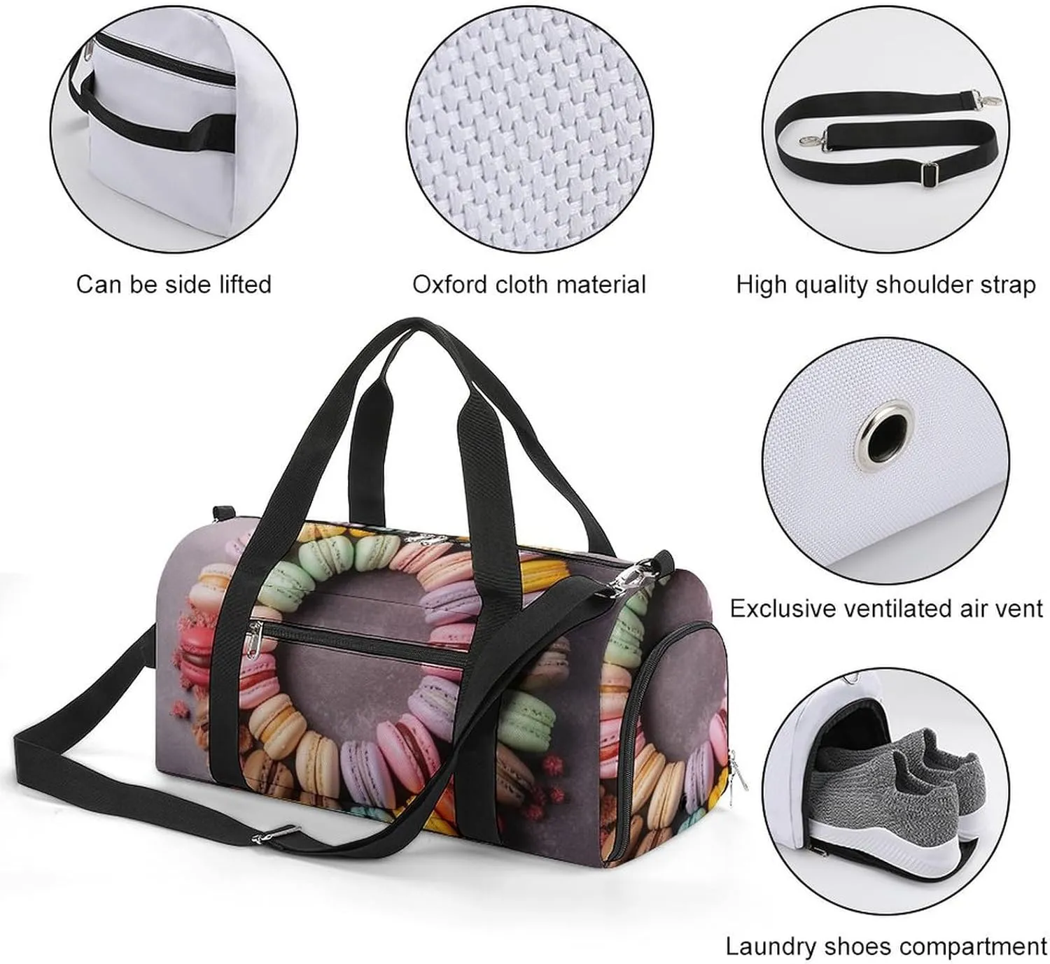 Gym Bag Macarons Arranged Together Duffel Bag for Men Women Travel Overnight Bag with Shoe Compartment Workout Bags