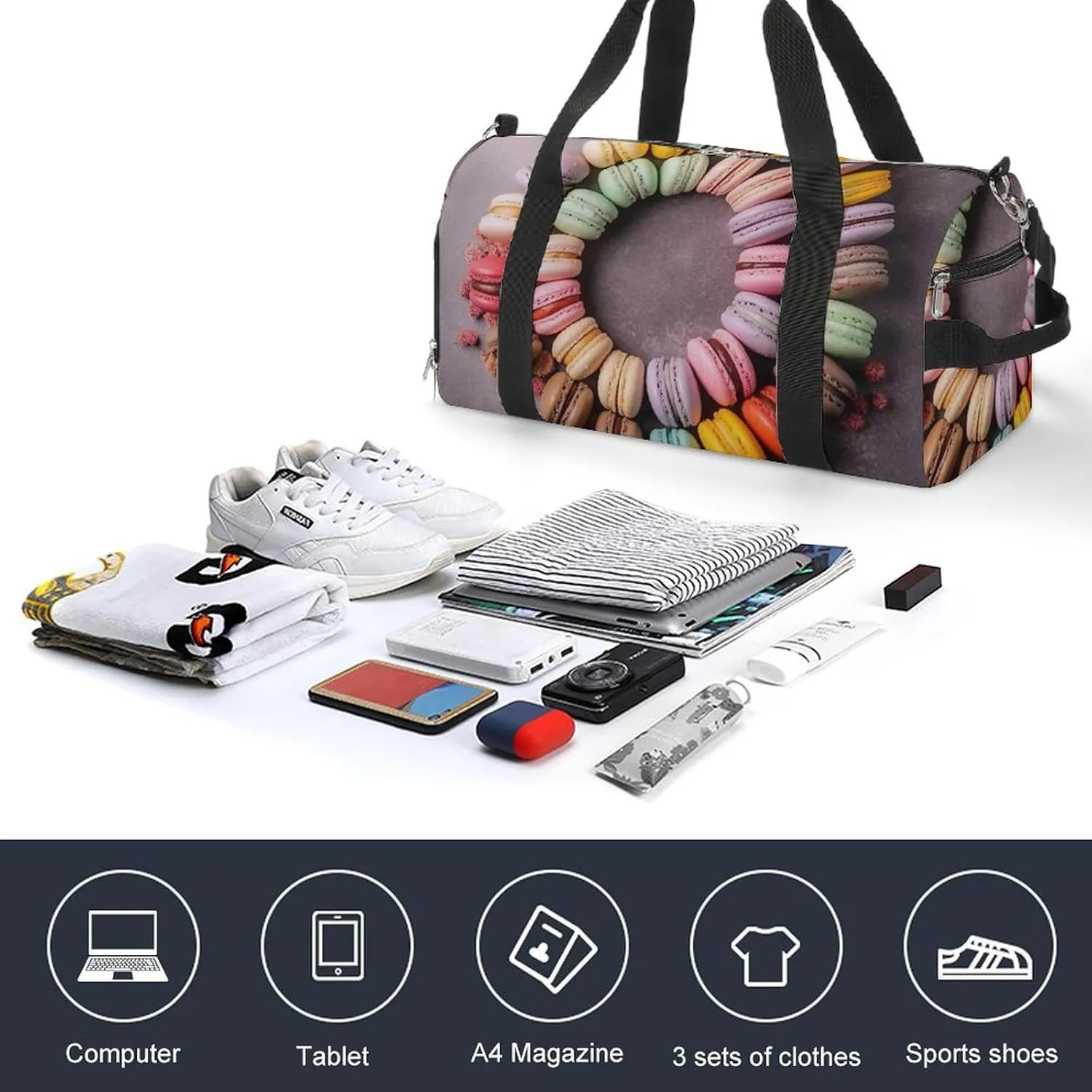 Gym Bag Macarons Arranged Together Duffel Bag for Men Women Travel Overnight Bag with Shoe Compartment Workout Bags