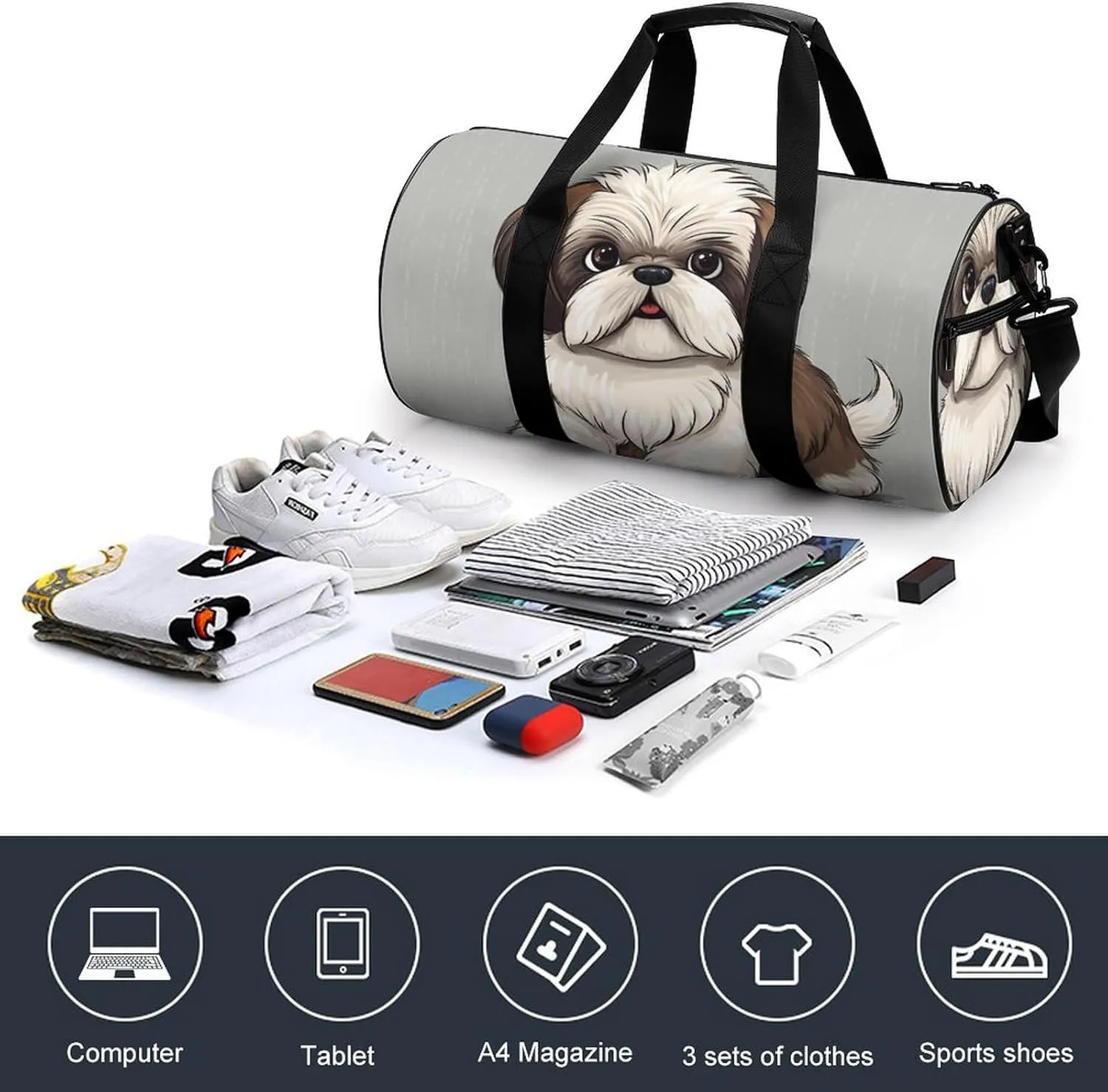 Gym Bag Shih Tzu Dog Duffel Bag for Men Women Overnight Bag with Shoe Compartment Workout Bags