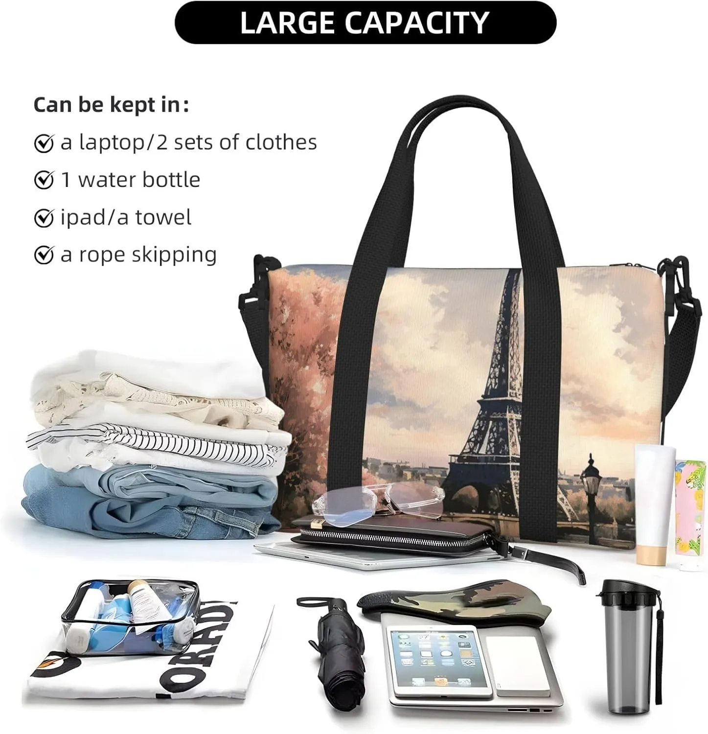Gym Bag Vintage Style Eiffel Tower Paris Duffel Bag for Men Women Travel Overnight Bag with Shoe Compartment Workout Bags