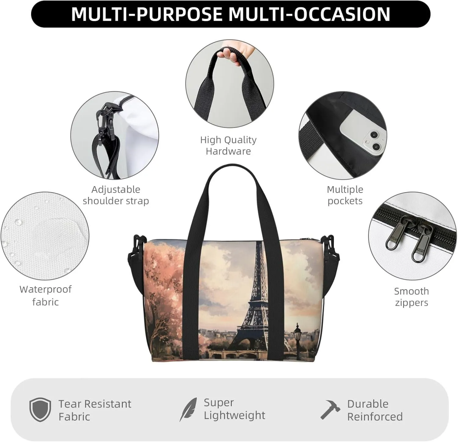 Gym Bag Vintage Style Eiffel Tower Paris Duffel Bag for Men Women Travel Overnight Bag with Shoe Compartment Workout Bags