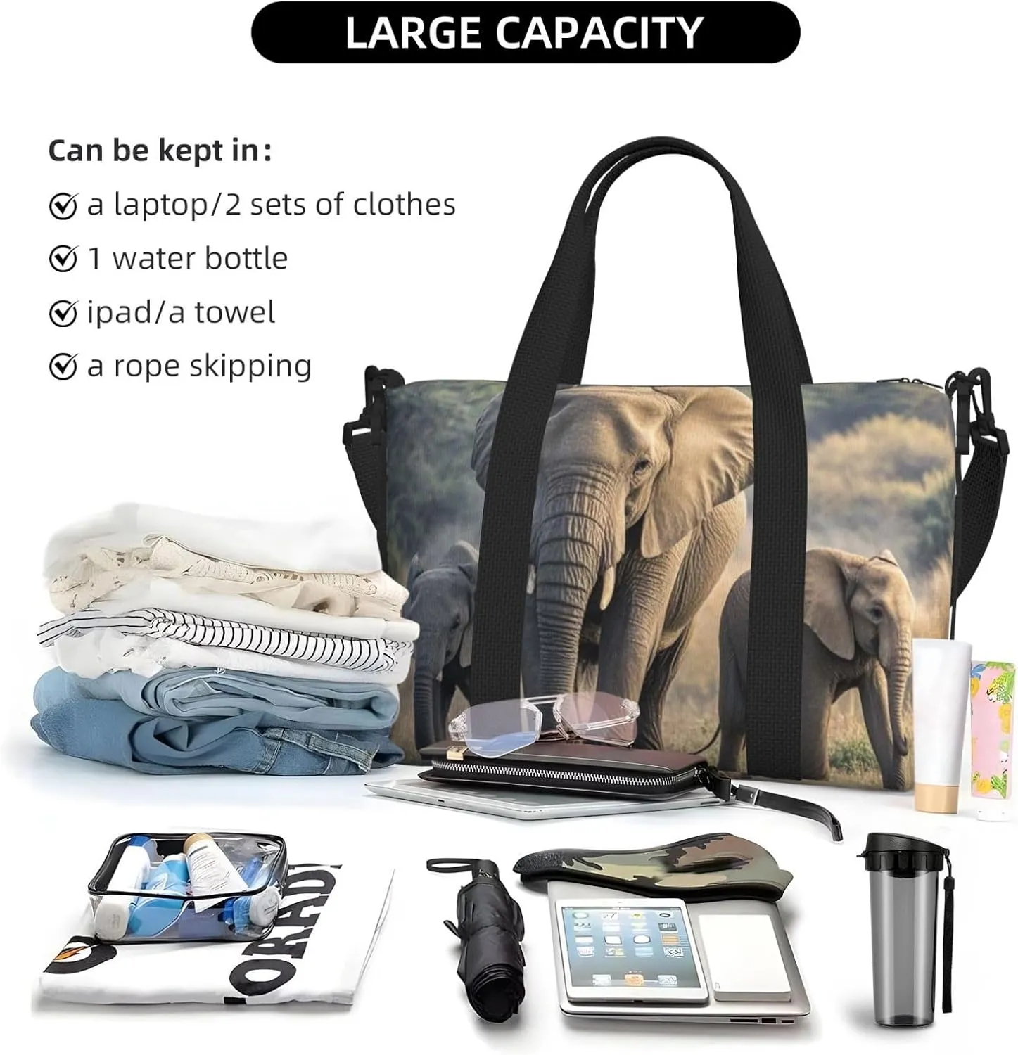 Gym Bag Walking elephants mother and baby Duffel Bag for Men Women Travel Overnight Bag with Shoe Compartment Workout Bags