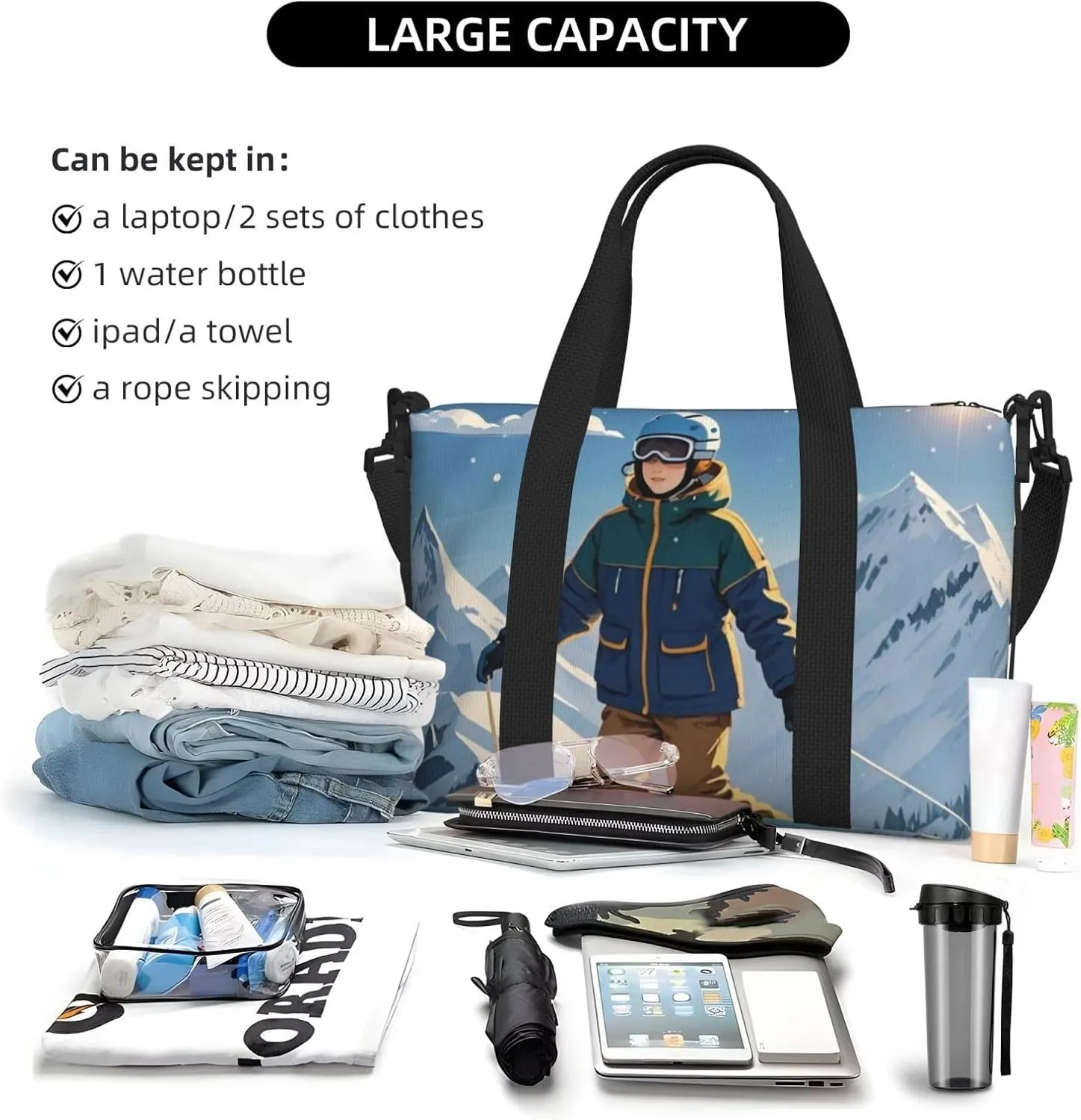 Gym Bag Winter skiing Duffel Bag for Men Women Travel Overnight Bag with Shoe Compartment Workout Bags