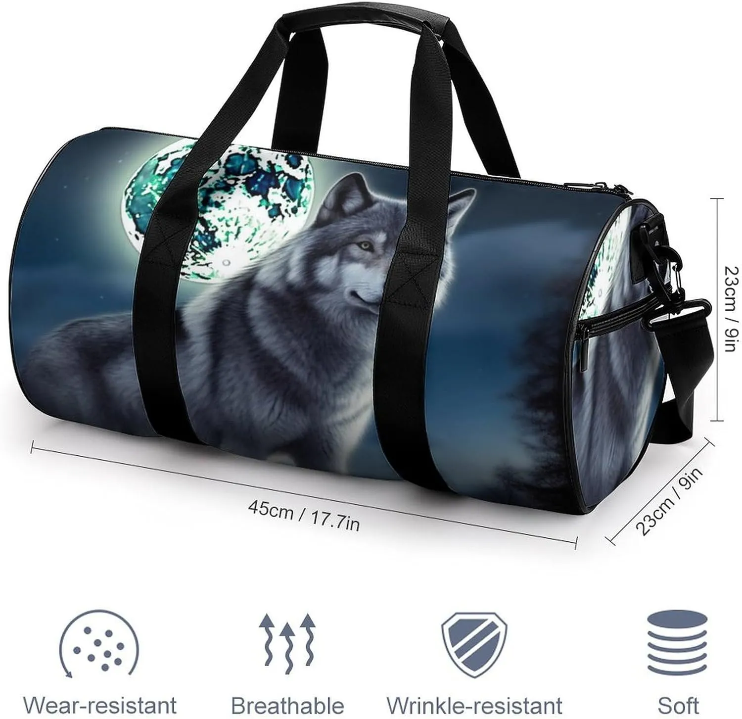 Gym Bag Wolf Under Moon Duffel Bag for Men Women Overnight Bag with Shoe Compartment Workout Bags