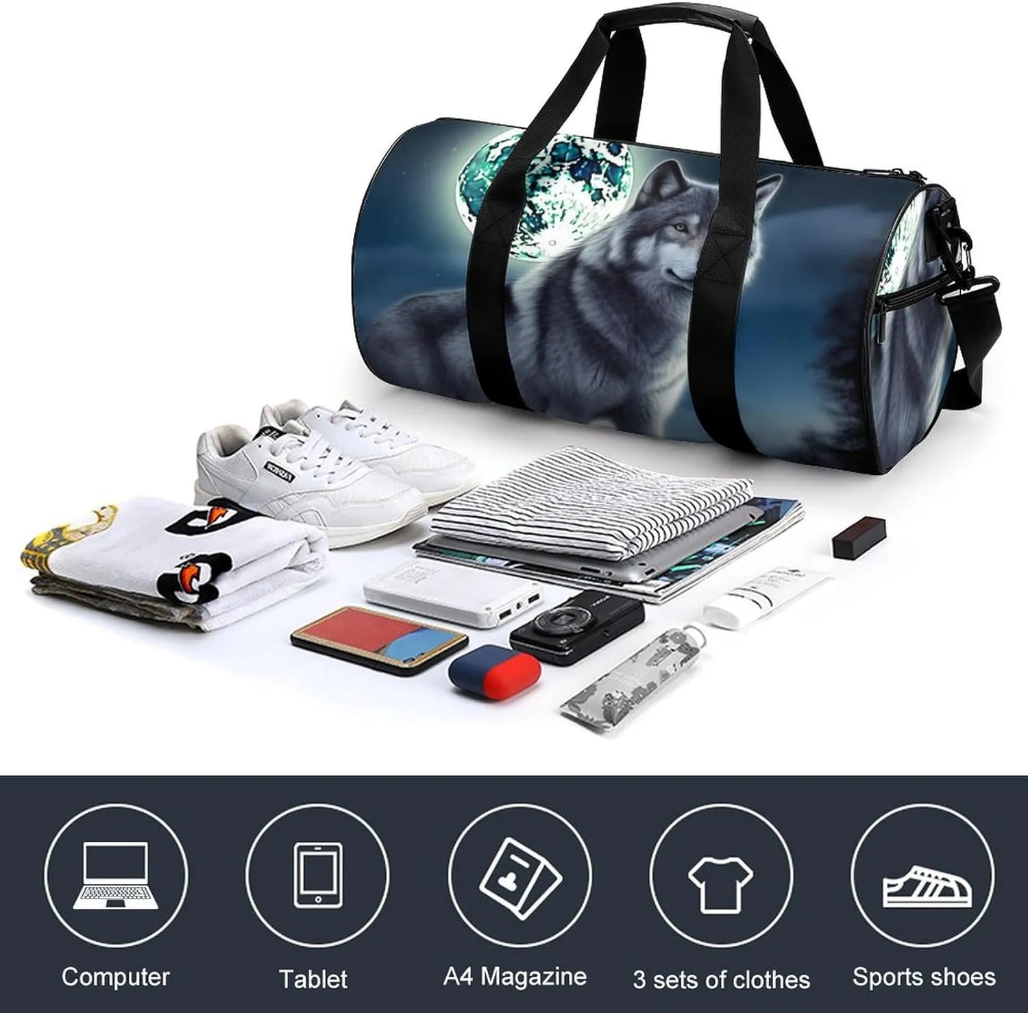 Gym Bag Wolf Under Moon Duffel Bag for Men Women Overnight Bag with Shoe Compartment Workout Bags