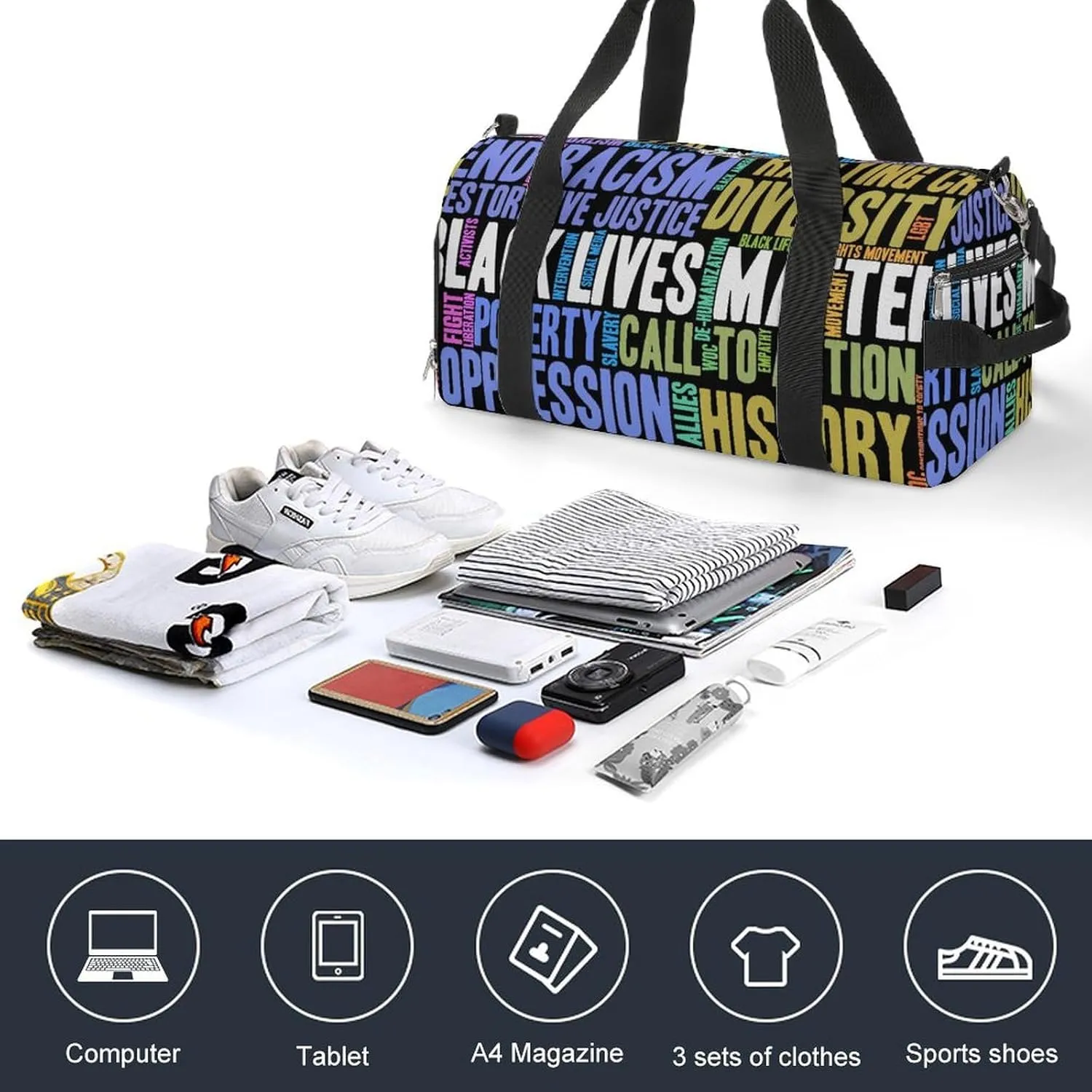 Gym Duffel Bag with Shoe Compartment Wet Pocket, Black Lives Matter Pattern Travel Bag for Men Women