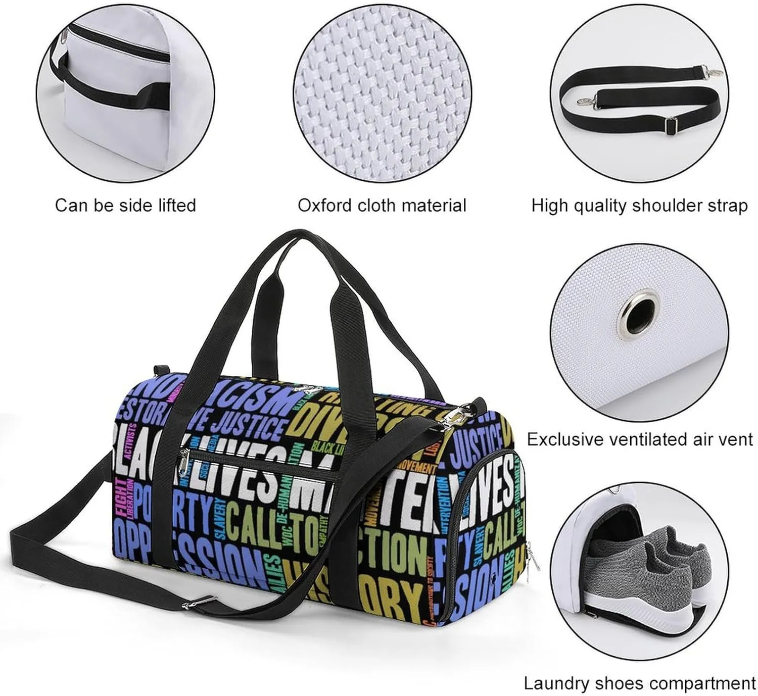 Gym Duffel Bag with Shoe Compartment Wet Pocket, Black Lives Matter Pattern Travel Bag for Men Women