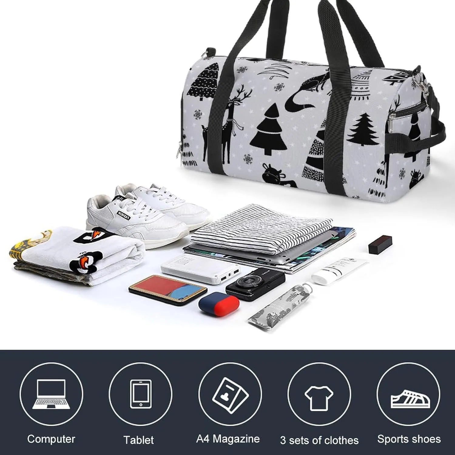 Gym Duffel Bag with Shoe Compartment Wet Pocket, Christmas-tree-deer Travel Bag for Men Women