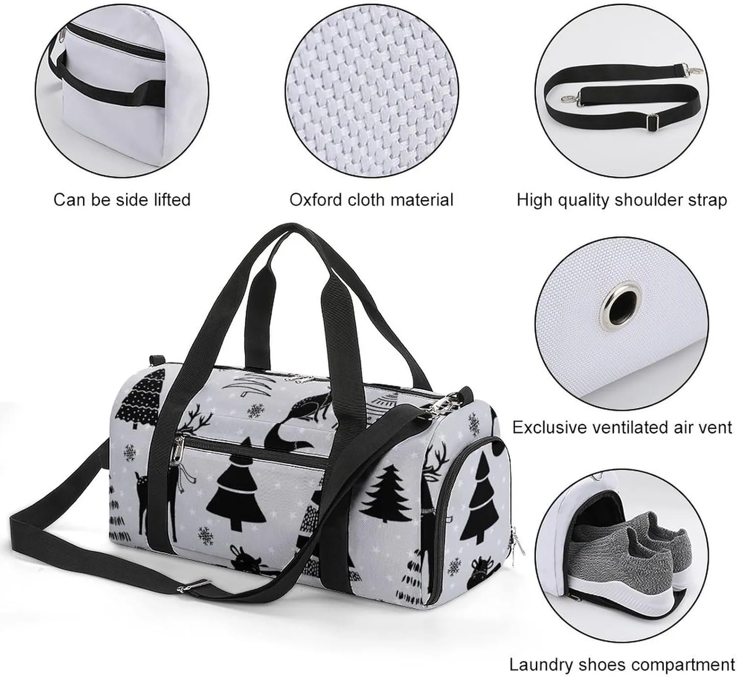 Gym Duffel Bag with Shoe Compartment Wet Pocket, Christmas-tree-deer Travel Bag for Men Women