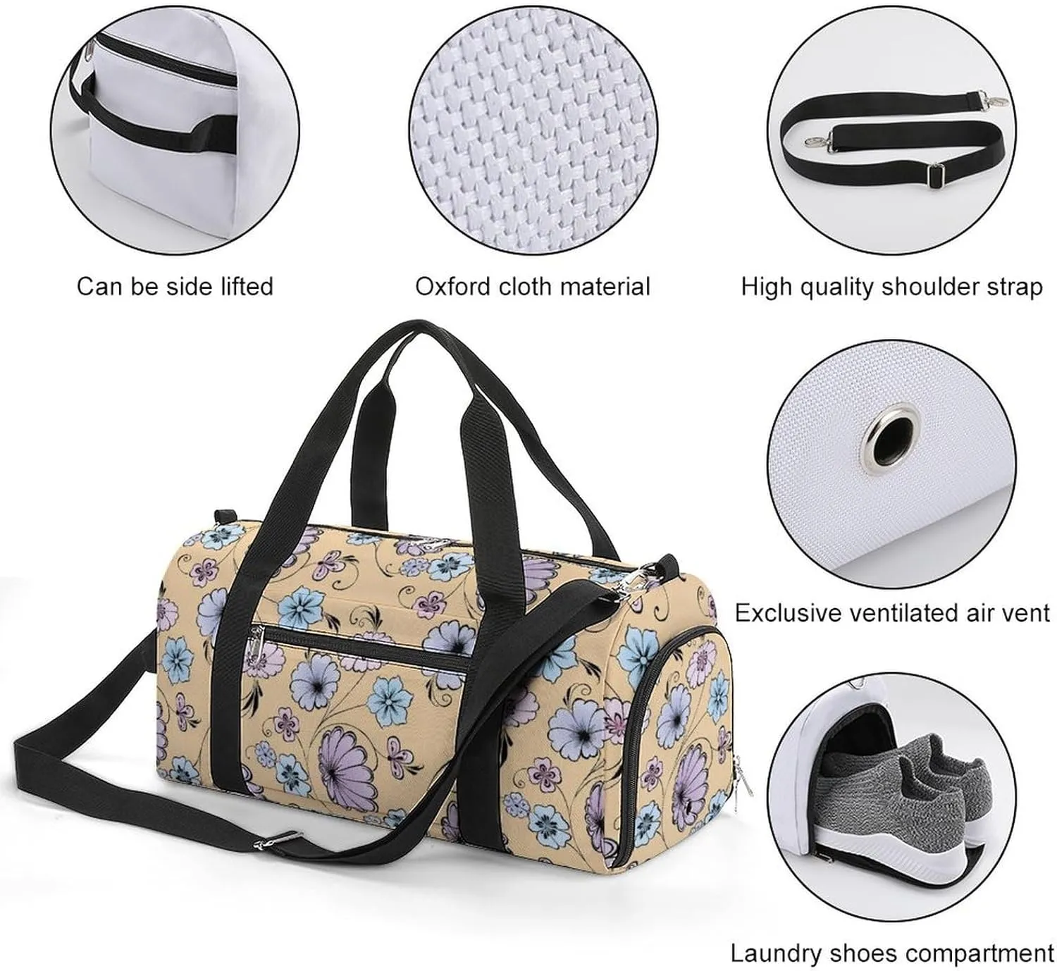 Gym Duffel Bag with Shoe Compartment Wet Pocket, Decorative Flowers Travel Bag for Men Women