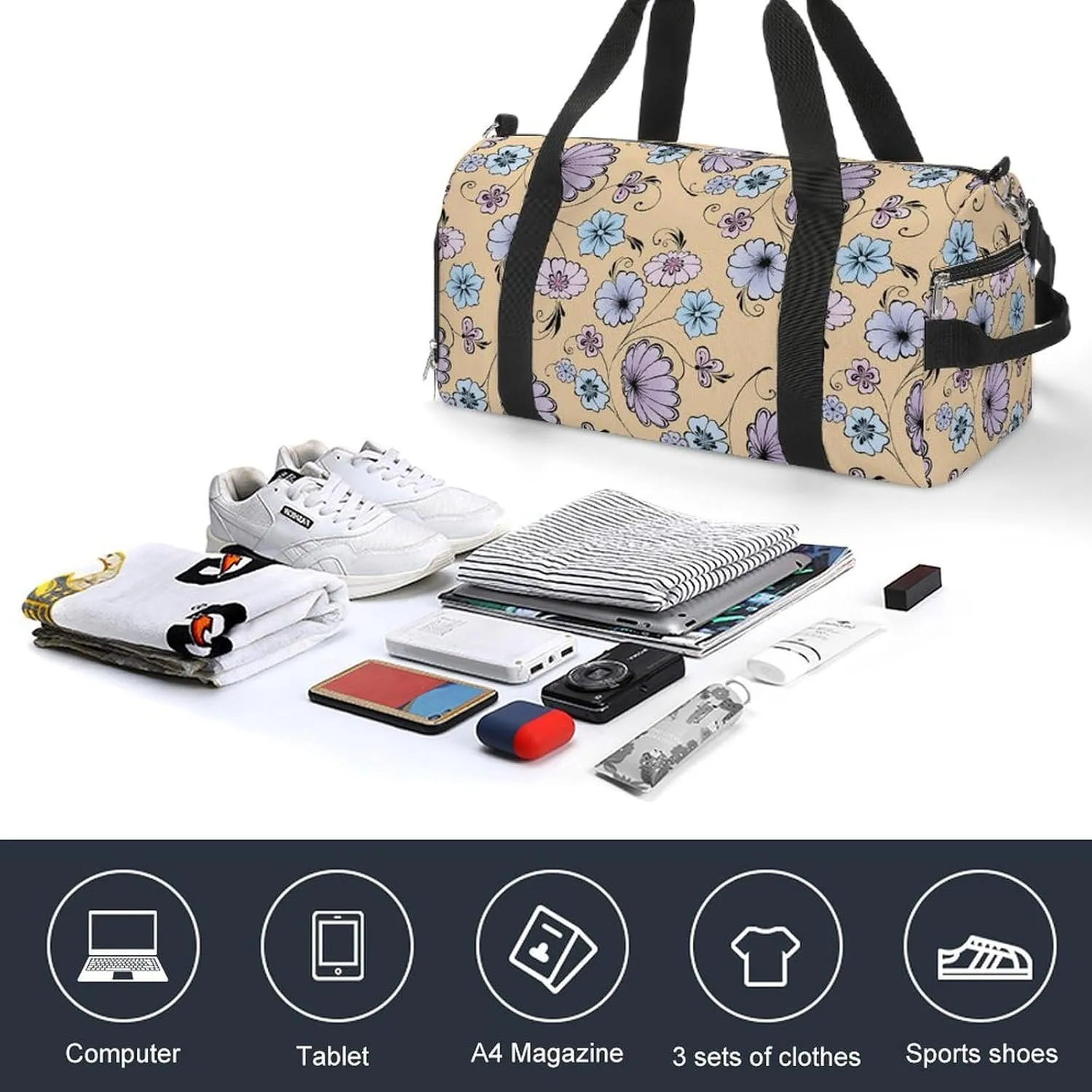Gym Duffel Bag with Shoe Compartment Wet Pocket, Decorative Flowers Travel Bag for Men Women