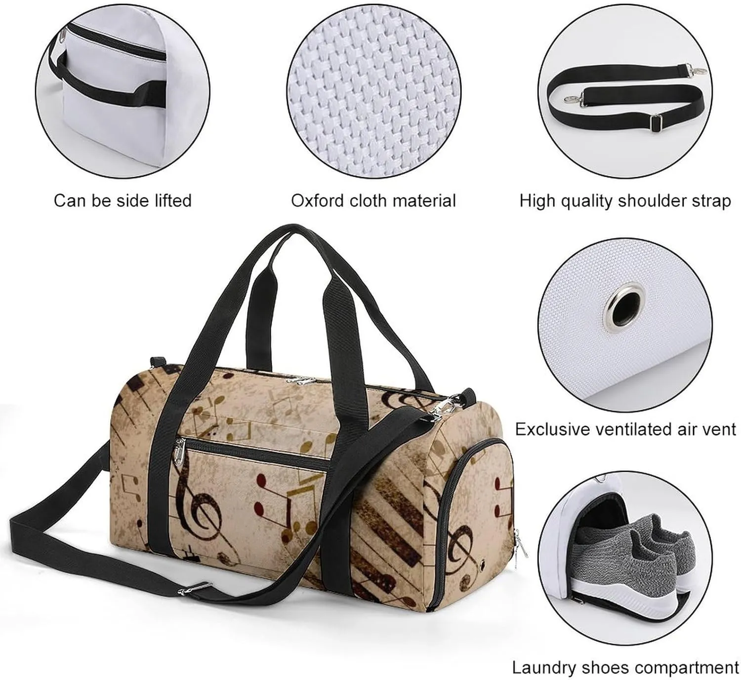 Gym Duffel Bag with Shoe Compartment Wet Pocket, Note Sings Pattern Travel Bag for Men Women, style-4