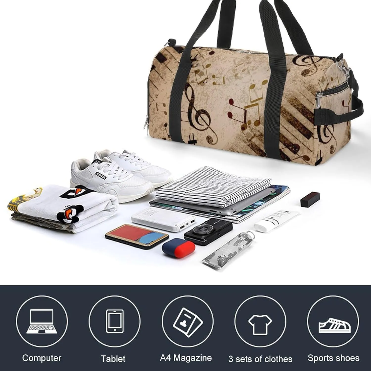 Gym Duffel Bag with Shoe Compartment Wet Pocket, Note Sings Pattern Travel Bag for Men Women, style-4