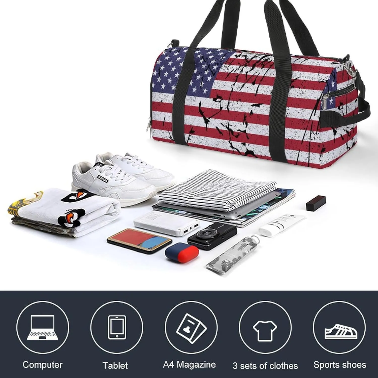 Gym Duffel Bag with Shoe Compartment Wet Pocket, Usa-grunge-flag Travel Bag for Men Women, style-1