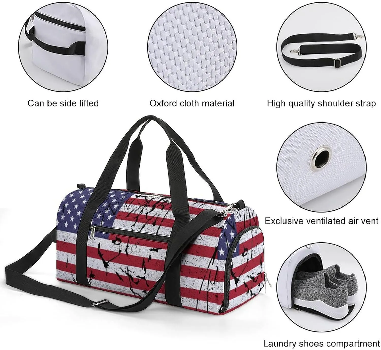 Gym Duffel Bag with Shoe Compartment Wet Pocket, Usa-grunge-flag Travel Bag for Men Women, style-1
