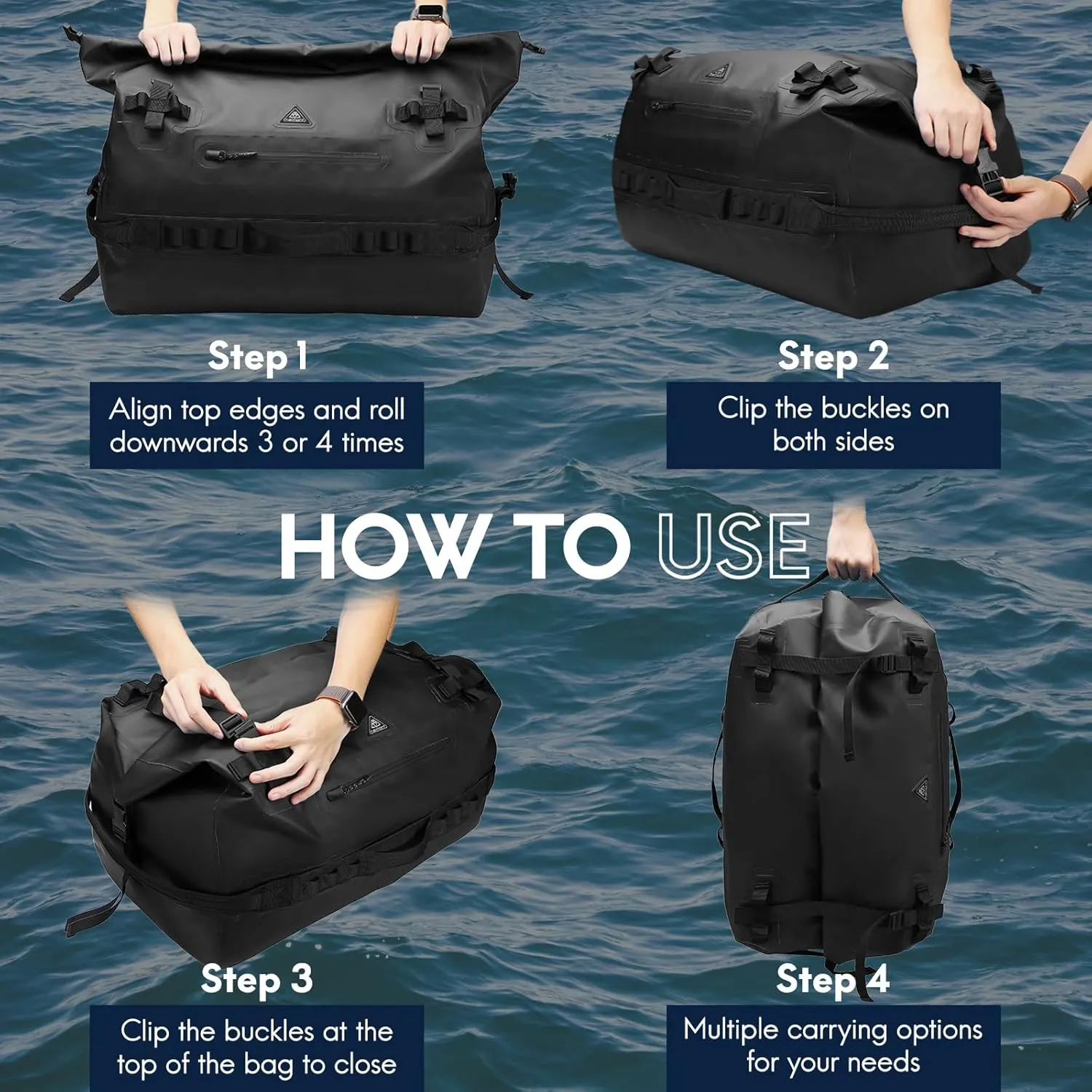 Haimont Large Waterproof Duffel Backpack Roll-Top Heavy Duty Dry Duffle Bag for Boating, Travel, Motorcycle, Kayaking, Camping, 60L