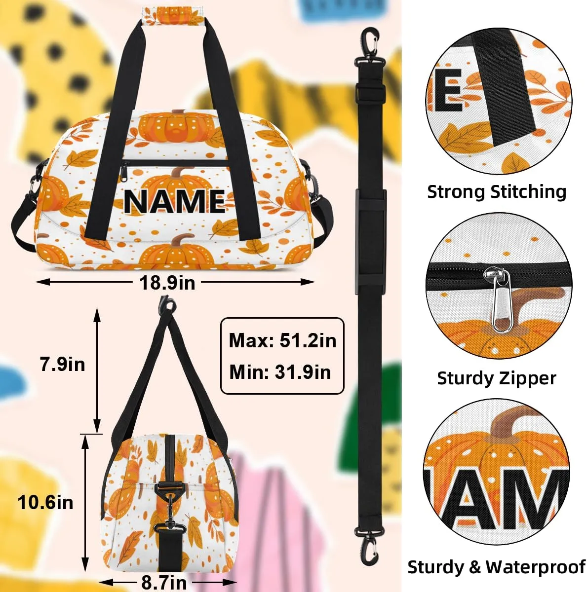 Halloween Mini Gym Bag 18 inch for Women Men Waterproof Custom Orange Fall Pumpkin Travel Duffel Bag Carry On Overnight Tote Nurse Bag for Work Fitness Hiking