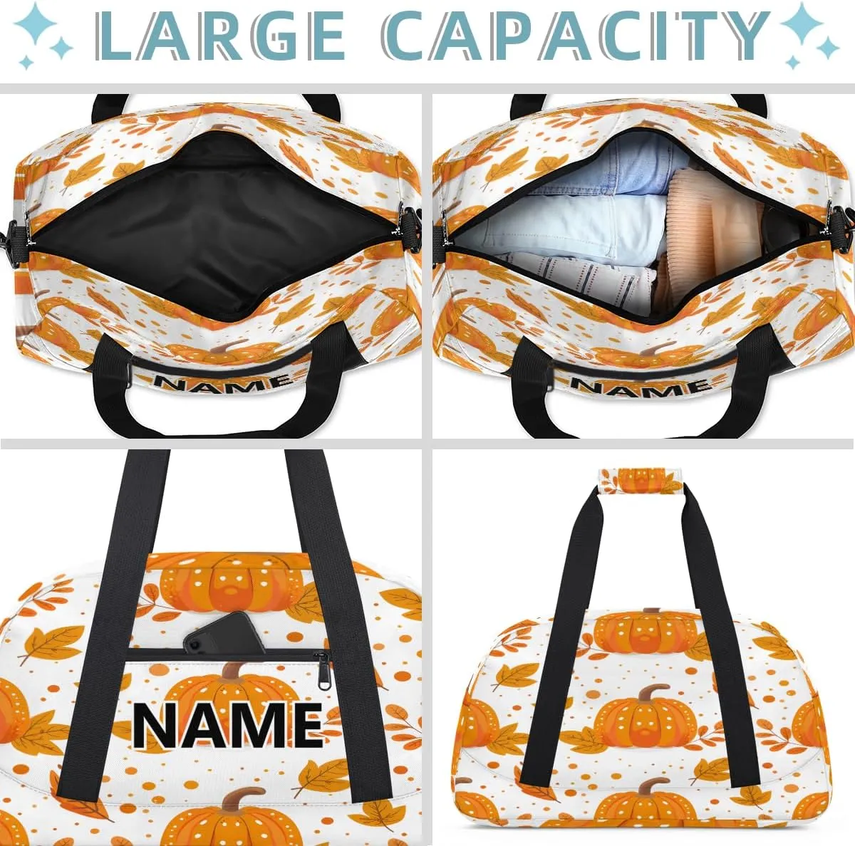 Halloween Mini Gym Bag 18 inch for Women Men Waterproof Custom Orange Fall Pumpkin Travel Duffel Bag Carry On Overnight Tote Nurse Bag for Work Fitness Hiking