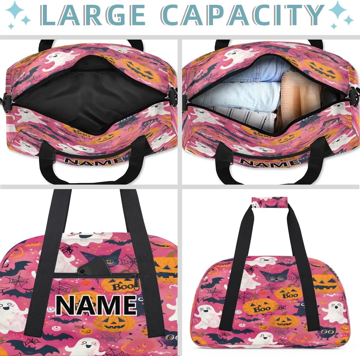 Halloween Mini Gym Bag 18 inch for Women Men Waterproof Custom Pumpkin Ghost Travel Duffel Bag Carry On Overnight Tote Nurse Bag for Work Fitness Hiking