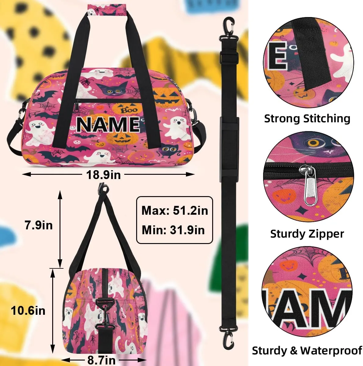 Halloween Mini Gym Bag 18 inch for Women Men Waterproof Custom Pumpkin Ghost Travel Duffel Bag Carry On Overnight Tote Nurse Bag for Work Fitness Hiking