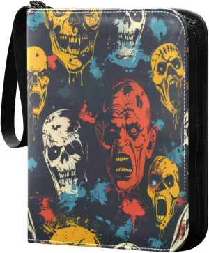 Halloween Retro Colorful Card Binder 4-Pocket, 400 Pockets Card Holder with 50 Removable Sleeves and Zipper for Games Baseball Football Sports Card