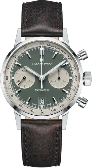 Hamilton Watch American Classic Intra-Matic Auto Chrono 40mm | Swiss Made | 40mm Stainless Steel Case | Green Dial Analog Watch | Brown Leather Strap (Model: H38416560)