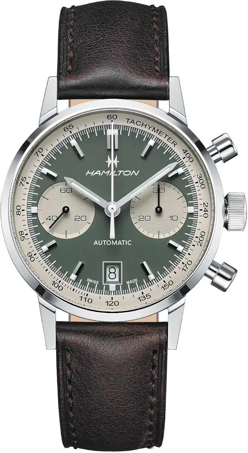 Hamilton Watch American Classic Intra-Matic Auto Chrono 40mm | Swiss Made | 40mm Stainless Steel Case | Green Dial Analog Watch | Brown Leather Strap (Model: H38416560)