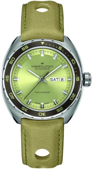 Hamilton Watch American Classic Pan Europ Day Date Auto | Swiss Made | 42mm Stainless Steel Case | Green Dial Analog Watch | Green Leather Strap (Model: H35445860)