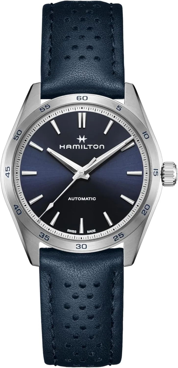 Hamilton Watch Jazzmaster Performer Auto 38mm | Swiss Made | 38mm Stainless Steel Case | Blue Dial Analog Watch | Blue Leather Strap (Model: H36215640)