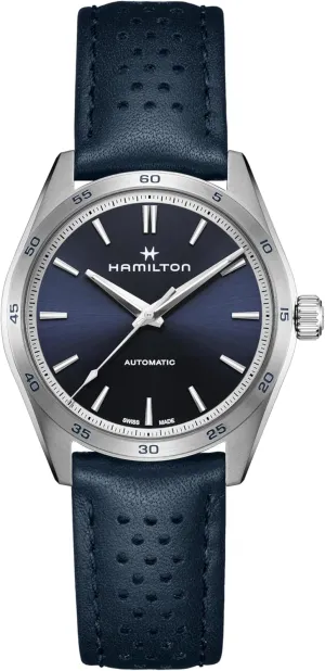 Hamilton Watch Jazzmaster Performer Auto 38mm | Swiss Made | 38mm Stainless Steel Case | Blue Dial Analog Watch | Blue Leather Strap (Model: H36215640)