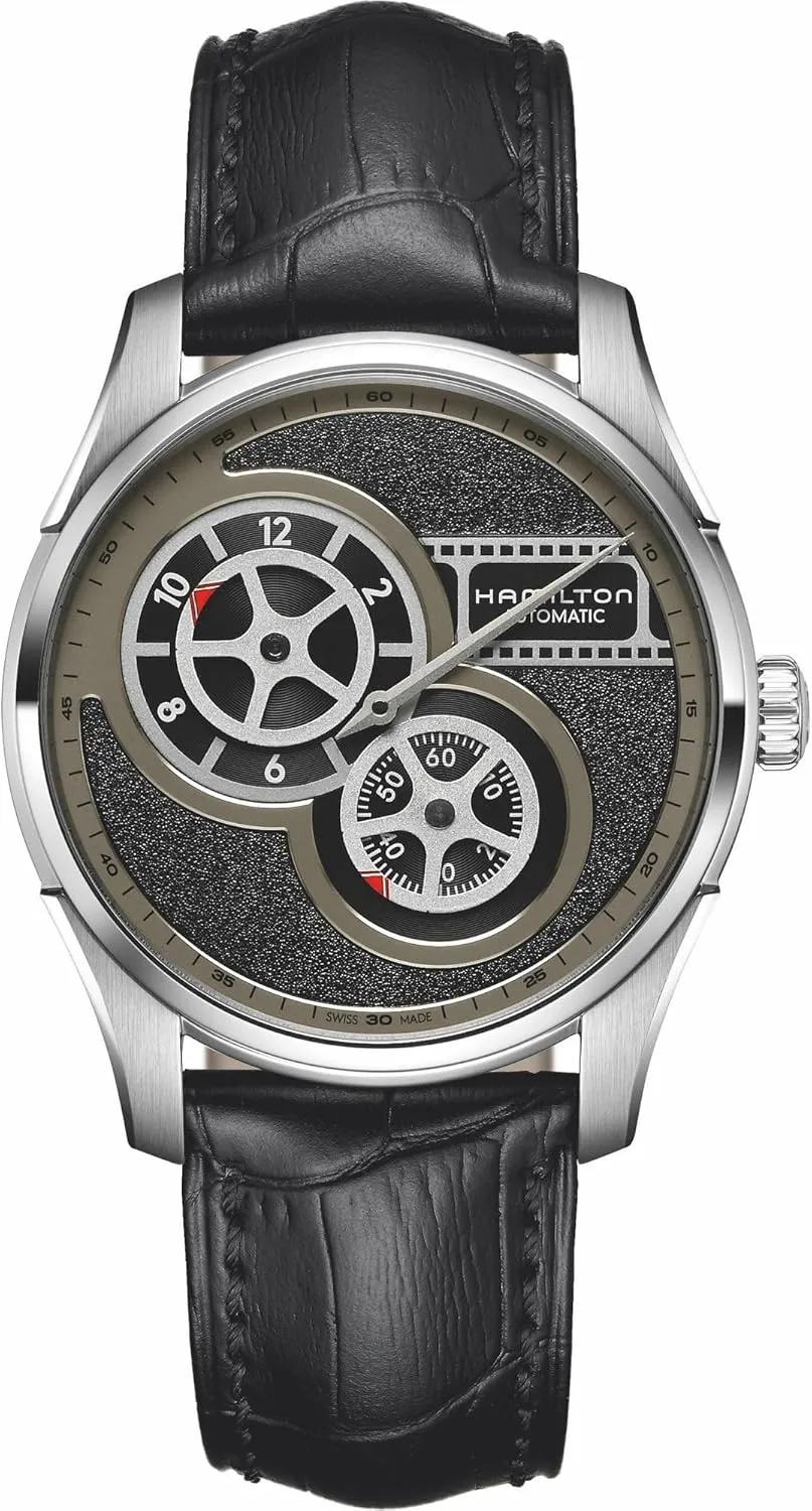 Hamilton Watch Jazzmaster Regulator Cinema | Swiss Made | 42mm Stainless Steel Case | Black Dial Analog Watch | Black Leather Strap (Model: H42605731)
