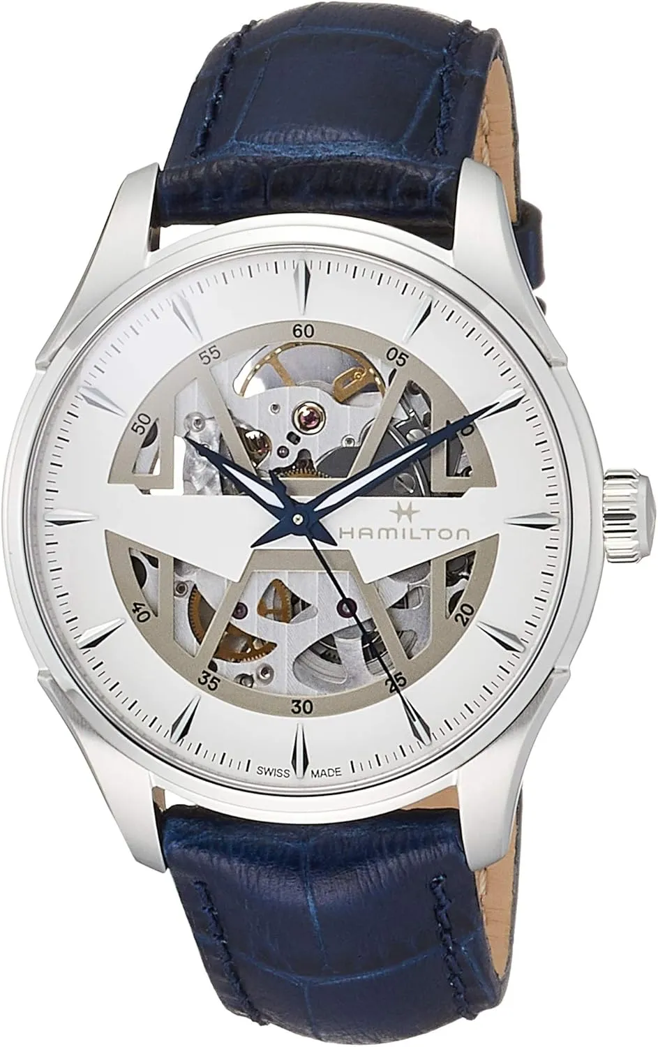 Hamilton Watch Jazzmaster Skeleton Auto | Swiss Made | 40mm Stainless Steel Case | White Dial Analog Watch | Blue Leather Strap (Model: H42535610)