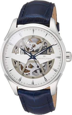 Hamilton Watch Jazzmaster Skeleton Auto | Swiss Made | 40mm Stainless Steel Case | White Dial Analog Watch | Blue Leather Strap (Model: H42535610)