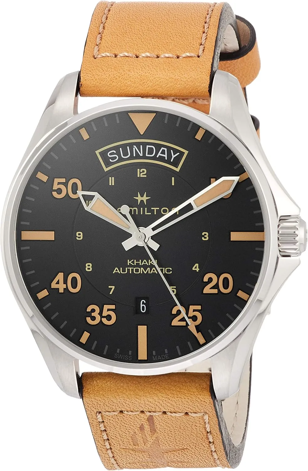 Hamilton Watch Khaki Aviation Day Date Auto | Swiss Made | 42mm Stainless Steel Case | Black Dial Analog Watch | Brown Leather Strap (Model: H64645531)