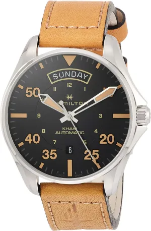 Hamilton Watch Khaki Aviation Day Date Auto | Swiss Made | 42mm Stainless Steel Case | Black Dial Analog Watch | Brown Leather Strap (Model: H64645531)