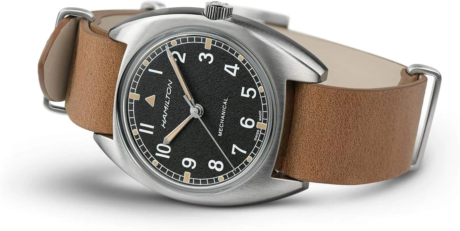 Hamilton Watch Khaki Aviation Pilot Pioneer Mechanical | Swiss Made | 36mm x 33mm Stainless Steel Case | Black Dial Analog Watch | Brown Leather NATO Strap (Model: H76419531)