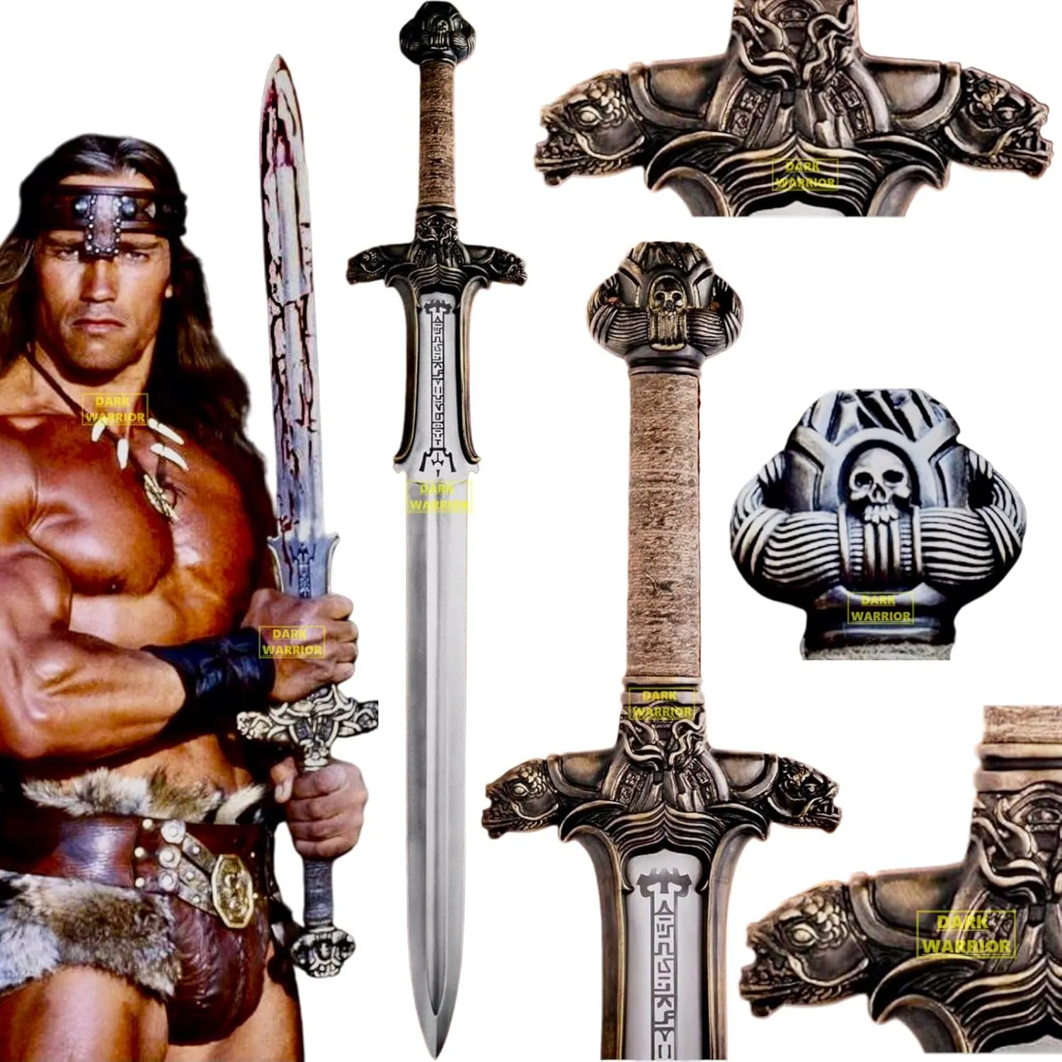 Handmade Conan Atlantean Sword 1095 Carbon Steel Brass Fittings, Black with Leather Sheath Viking sword - dark- conan sword real viking sword Conan The Barbarian Atlantean Sword