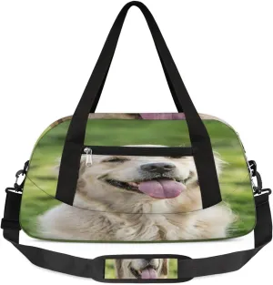 Happy Golden Retriever Dog Duffel Bag for Women Men Travel Bag Small Gym Bag Waterproof Workout Overnight Tote Bag for Sport Dance Weekend Yoga