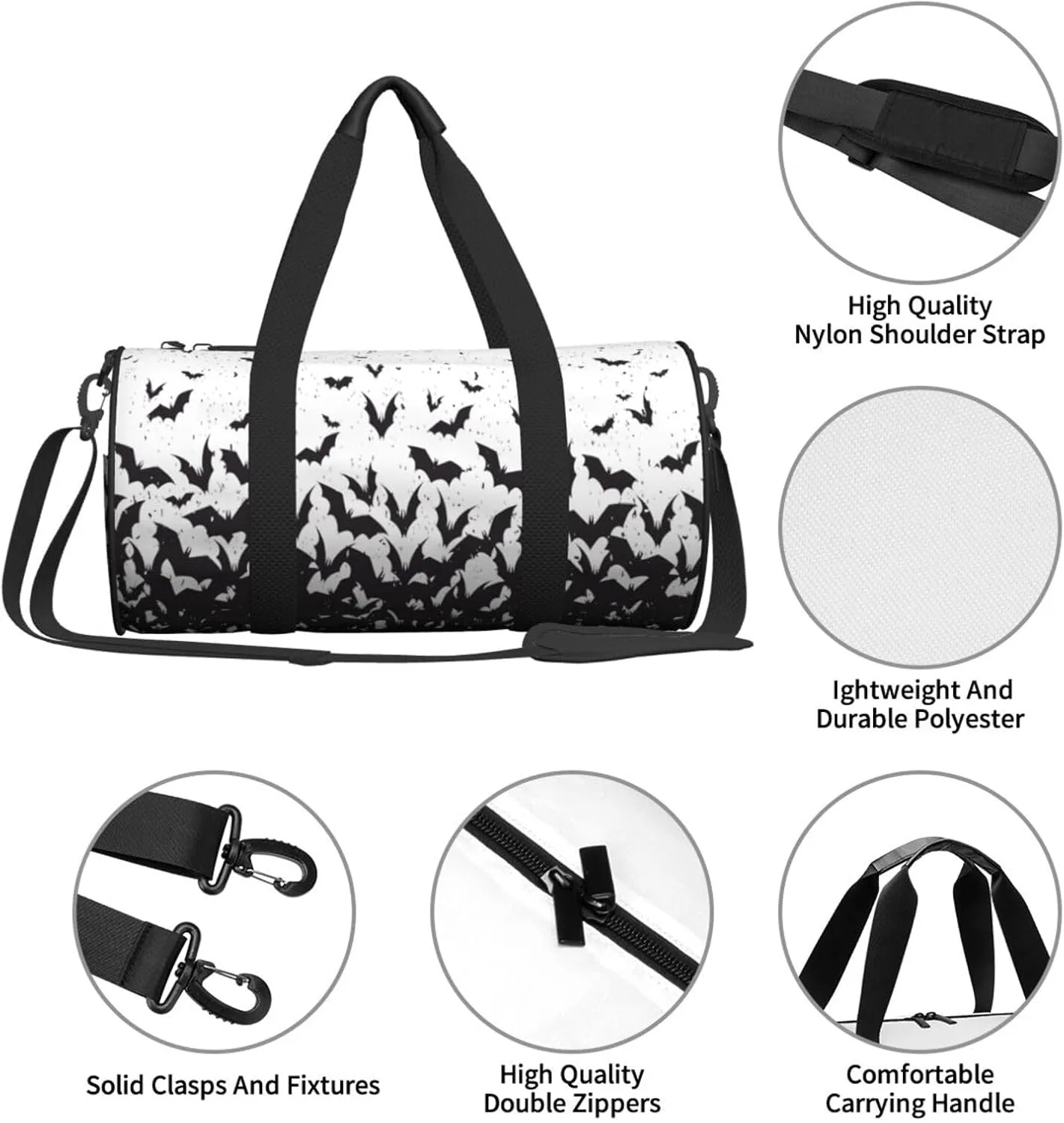 Happy Halloween Bats Witchs Spider Web Pumpkin Skull Bone Round Travel Duffel Bag Large Capacity Gym Sports Bags for Hiking Vacation Trips