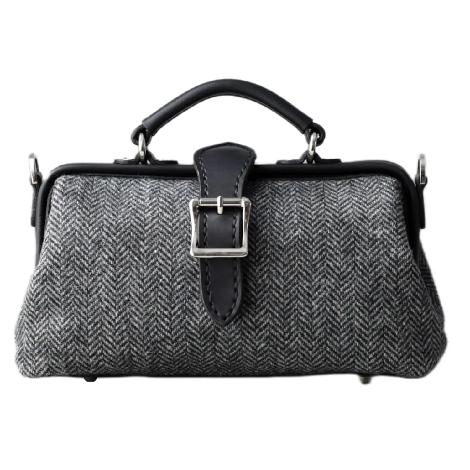Harris Tweed Lady's Wool Leather Doctor Bag Women Crossbody Bag, Top Handle Bag, Long Strap Purse, Shoulder Bag every day carry (black)