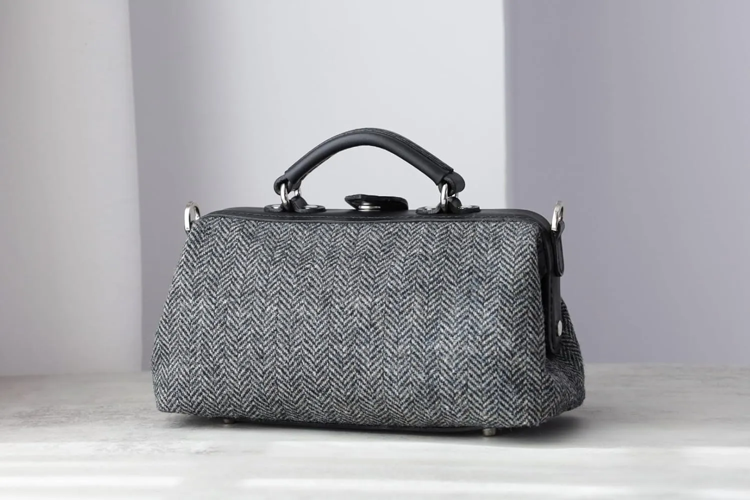 Harris Tweed Lady's Wool Leather Doctor Bag Women Crossbody Bag, Top Handle Bag, Long Strap Purse, Shoulder Bag every day carry (black)