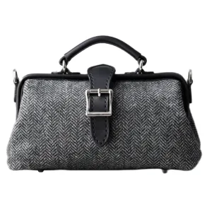 Harris Tweed Lady's Wool Leather Doctor Bag Women Crossbody Bag, Top Handle Bag, Long Strap Purse, Shoulder Bag every day carry (black)