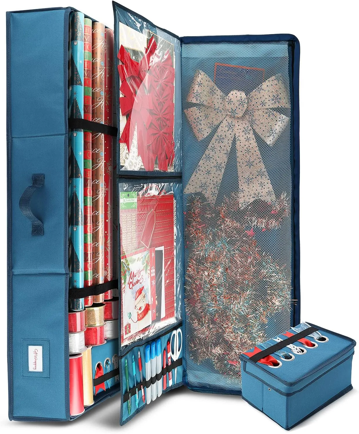 Hearth & Harbor Wrapping Paper Storage Container with Ribbon Storage Organizer - Christmas Storage Bag with Extra Interior Pockets - Gift Wrapping Organizer Storage Fits Up to 26 Rolls of 40" Length